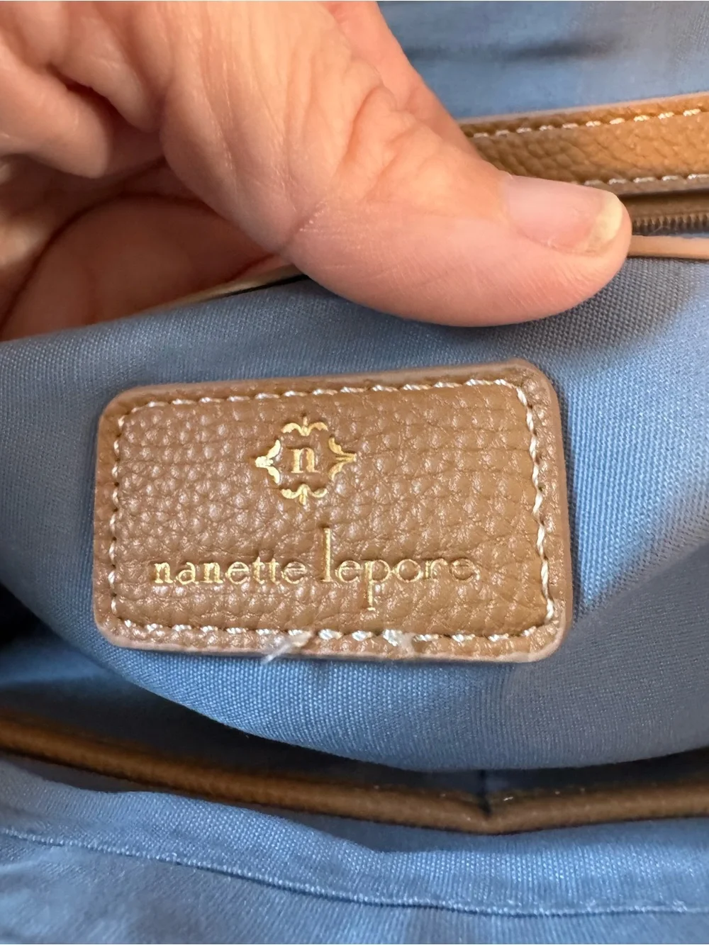 Nanette Lepore Light Blue Canvas Shoulder Tote with Gold Emblem